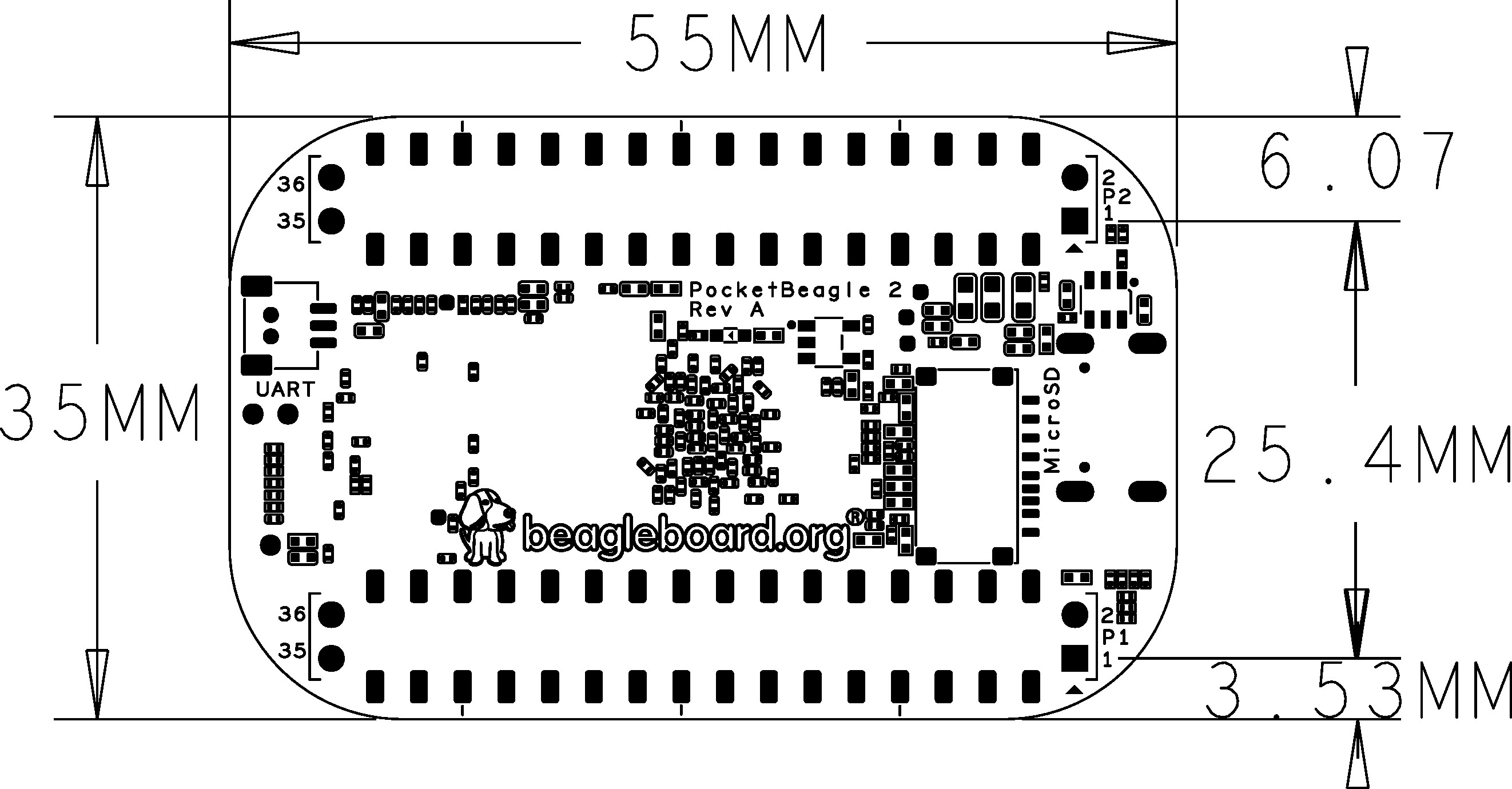 PocketBeagle 2 RevA Dimensions